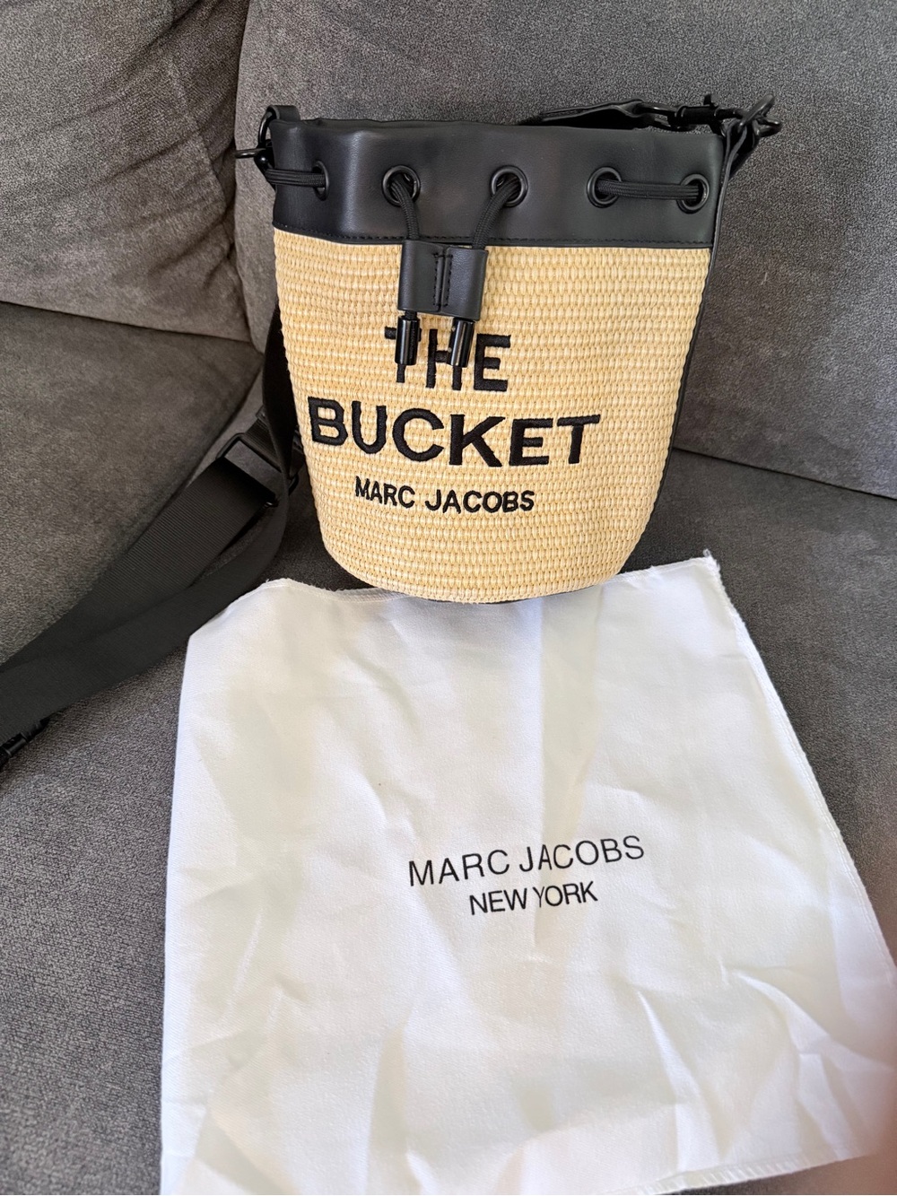 Marc Jacobs Woven Straw Bucket Crossbody in Natural & Black